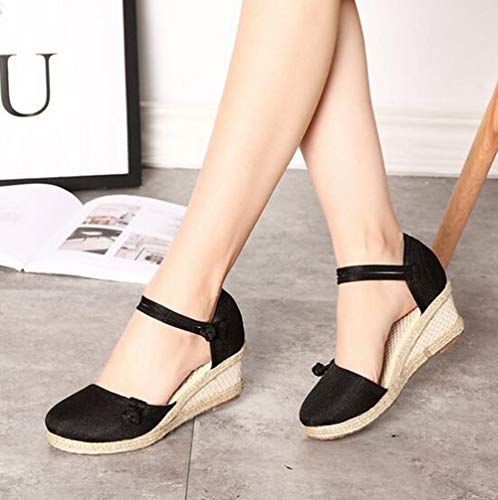Rengzun Mujer Cuña Alpargatas Sandalias Verano Transpirable Zapatos Correa de Tobillo Zapatillas Sandals Elegante Negro
