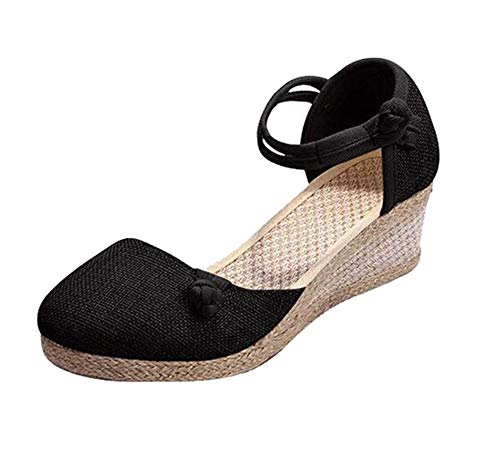 Rengzun Mujer Cuña Alpargatas Sandalias Verano Transpirable Zapatos Correa de Tobillo Zapatillas Sandals Elegante Negro