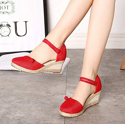 Rengzun Mujer Cuña Alpargatas Sandalias Verano Transpirable Zapatos Correa de Tobillo Zapatillas Sandals Elegante Rojo
