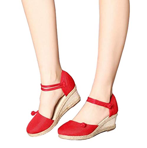 Rengzun Mujer Cuña Alpargatas Sandalias Verano Transpirable Zapatos Correa de Tobillo Zapatillas Sandals Elegante Rojo