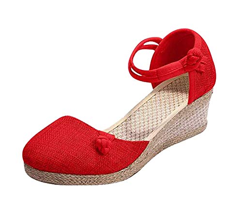 Rengzun Mujer Cuña Alpargatas Sandalias Verano Transpirable Zapatos Correa de Tobillo Zapatillas Sandals Elegante Rojo