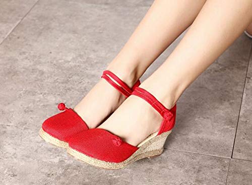 Rengzun Mujer Cuña Alpargatas Sandalias Verano Transpirable Zapatos Correa de Tobillo Zapatillas Sandals Elegante Rojo