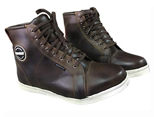 REXTEK Botas de moto para hombre, de piel para motocicleta, con armadura CE, botas de diseño casual (9/EU 43), color marrón