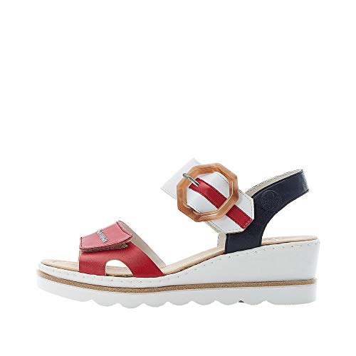 Rieker Mujer Sandalias 67476, señora Sandalias de cuña,Sandalias de cuña,tacón de cuña,cómodo,Plano,Rojo (Rot Kombi / 33),39 EU / 6 EU