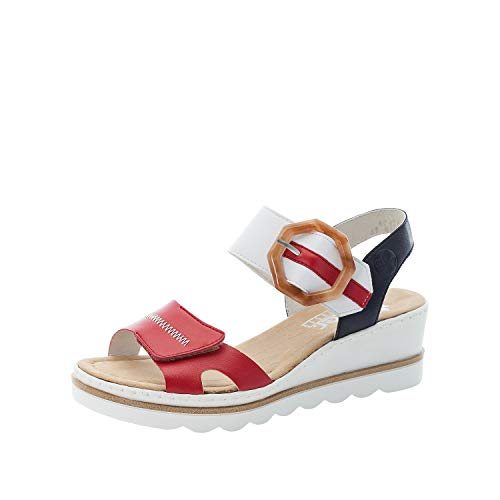 Rieker Mujer Sandalias 67476, señora Sandalias de cuña,Sandalias de cuña,tacón de cuña,cómodo,Plano,Rojo (Rot Kombi / 33),39 EU / 6 EU