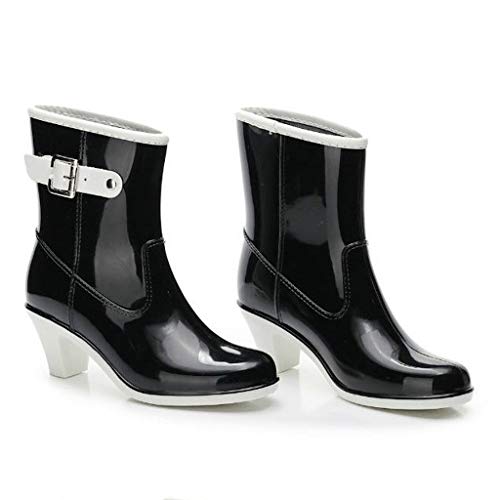 Riou Botas de Agua Mujer Lluvia Altas Zapato Impermeables Estilo Punk Botas Antideslizantes Hebilla Lateral Zapatos de Agua de Tacón Alto Plataforma Bota Corta