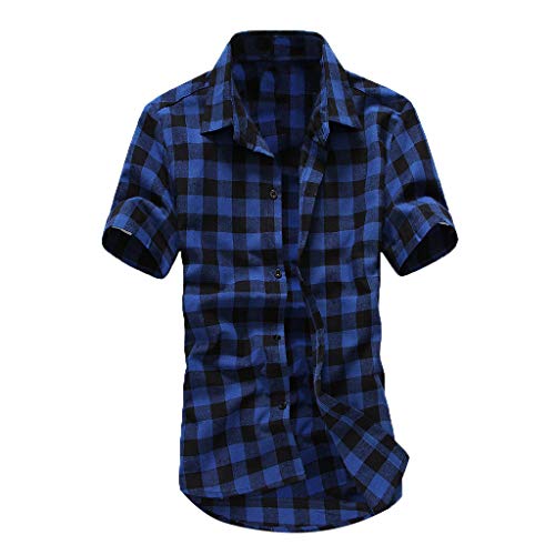 riou Camisa de Manga Corta para Hombre Cuello En V Camisetas Botón En Slim para Camisas Ocio Solapa Casual a Cuadros de Primavera y otoño para Hombres Blusa Tops T-Shirt