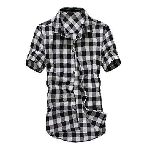 riou Camisa de Manga Corta para Hombre Cuello En V Camisetas Botón En Slim para Camisas Ocio Solapa Casual a Cuadros de Primavera y otoño para Hombres Blusa Tops T-Shirt