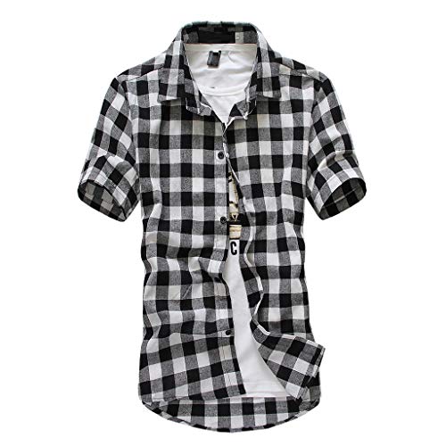 riou Camisa de Manga Corta para Hombre Cuello En V Camisetas Botón En Slim para Camisas Ocio Solapa Casual a Cuadros de Primavera y otoño para Hombres Blusa Tops T-Shirt