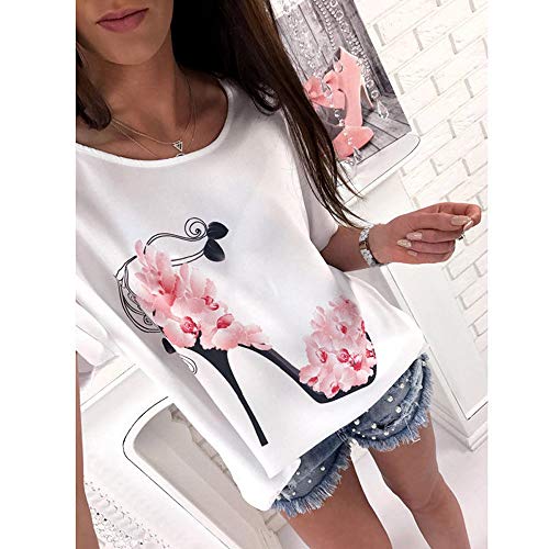 riou Camisetas Manga Corta Mujer Moda De Verano Estampada de tacón Alto Blusa Camisa Cuello Redondo Basica Camiseta Suelto Tops Casual Playa y Fiesta