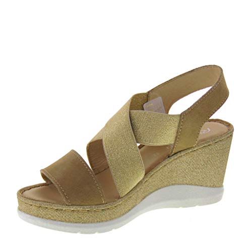 Riposella 40817 - Sandalias de mujer con cuñas, con memoria y banda elástica Dorado Size: 40 EU