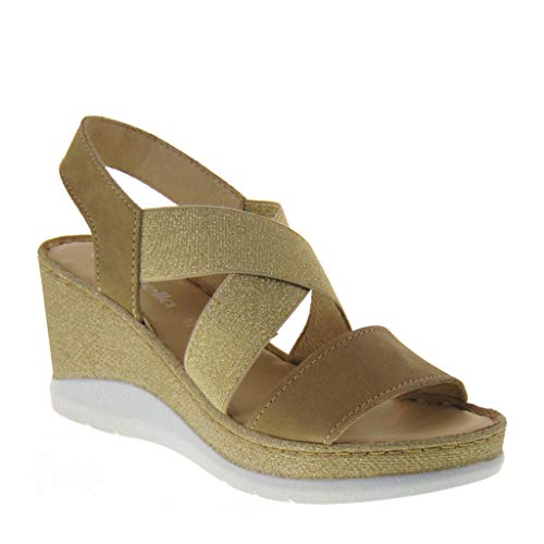 Riposella 40817 - Sandalias de mujer con cuñas, con memoria y banda elástica Dorado Size: 40 EU