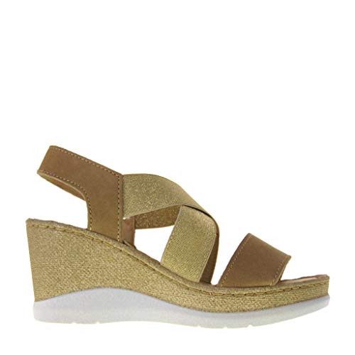 Riposella 40817 - Sandalias de mujer con cuñas, con memoria y banda elástica Dorado Size: 40 EU