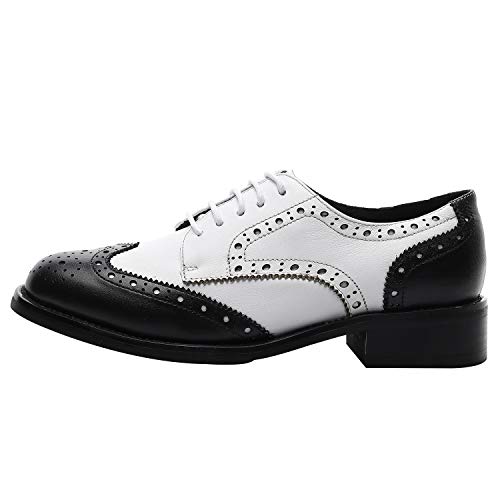 Rismart Mujer Brogue Dedo del Pie Puntiagudo Puntas De ala Oxfords Zapatos De Cordones SN02372(Negro& Blanco,38 EU)