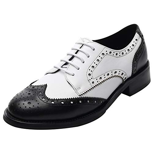 Rismart Mujer Brogue Dedo del Pie Puntiagudo Puntas De ala Oxfords Zapatos De Cordones SN02372(Negro& Blanco,38 EU)