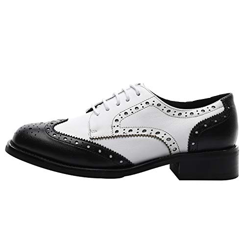 Rismart Mujer Brogue Dedo del Pie Puntiagudo Puntas De ala Oxfords Zapatos De Cordones SN02372(Negro& Blanco,39 EU)