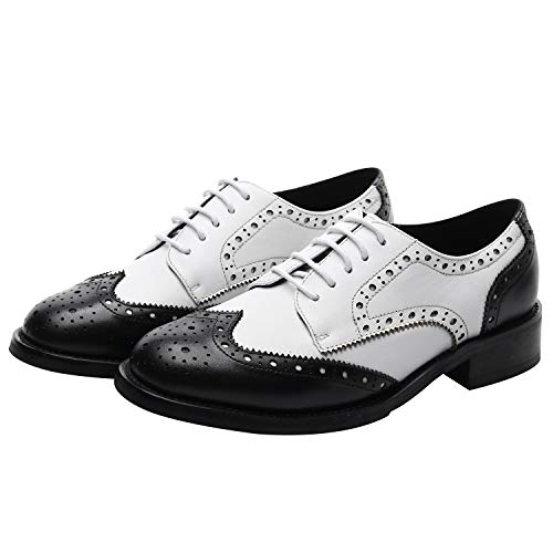 Rismart Mujer Brogue Dedo del Pie Puntiagudo Puntas De ala Oxfords Zapatos De Cordones SN02372(Negro& Blanco,39 EU)