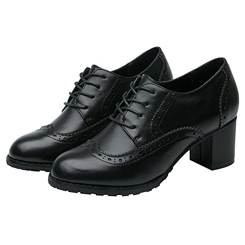 Rismart Mujer Brogue Punta Puntiaguda Wingtips Cuero Oxfords Zapatos De Cordones SN02110(Negro,EU38)