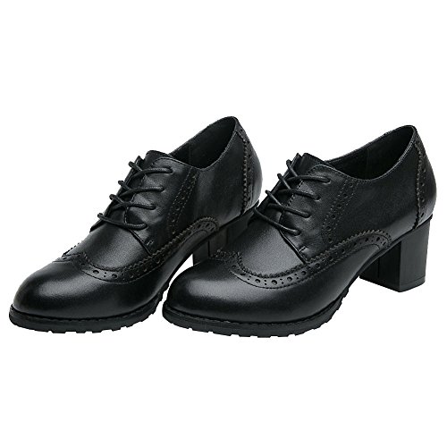 Rismart Mujer Brogue Punta Puntiaguda Wingtips Cuero Oxfords Zapatos De Cordones SN02110(Negro,EU38)