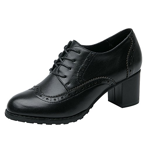 Rismart Mujer Brogue Punta Puntiaguda Wingtips Cuero Oxfords Zapatos De Cordones SN02110(Negro,EU38)