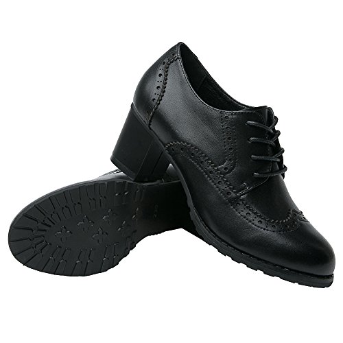 Rismart Mujer Brogue Punta Puntiaguda Wingtips Cuero Oxfords Zapatos De Cordones SN02110(Negro,EU38)