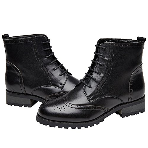 rismart Mujer Brogues Tobillo Alto Elegante Cuero Botas Militares SN021015(Negro,37 EU)