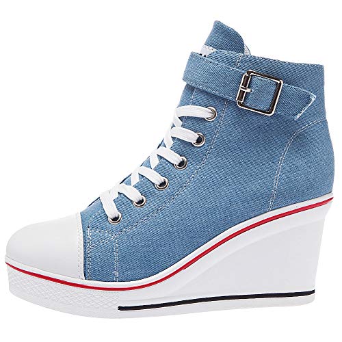 rismart Mujer Cuñas Zapatos De Lona High-Top Casuales Cremallera de Moda Zapatillas Talla Grande SN02438(Azul,38 EU)