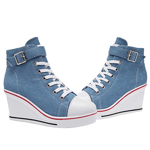 rismart Mujer Cuñas Zapatos De Lona High-Top Casuales Cremallera de Moda Zapatillas Talla Grande SN02438(Azul,38 EU)