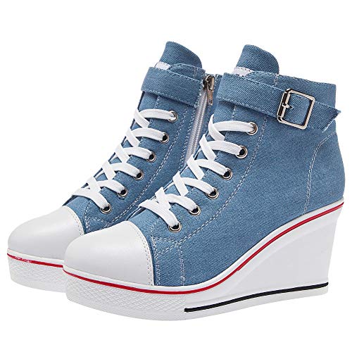 rismart Mujer Cuñas Zapatos De Lona High-Top Casuales Cremallera de Moda Zapatillas Talla Grande SN02438(Azul,38 EU)