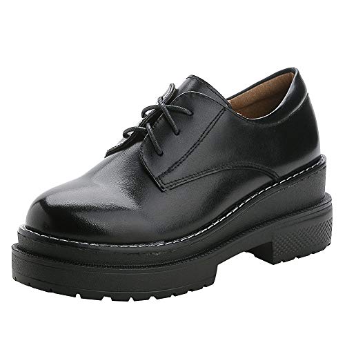 rismart Mujer Plataforma Sneakers Tacón Medio Casual Derbie Suave Cuero Zapato SN02865(Negro,38 EU)