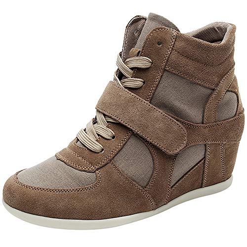 Rismart Mujer Tacón de cuña Linda Cómodo Bucle De Gancho Tela&Ante Cuero Casual Zapatillas Zapatos(marrón,37 EU)