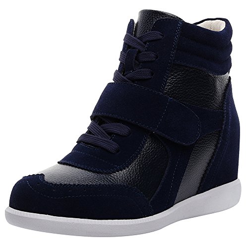 rismart Mujer Tacón De Cuña Velcro Brogue Casual Ante Zapatillas Zapatos SN8599A(Azul Marino,37 EU)