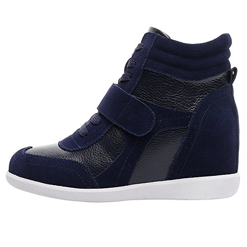 rismart Mujer Tacón De Cuña Velcro Brogue Casual Ante Zapatillas Zapatos SN8599A(Azul Marino,37 EU)