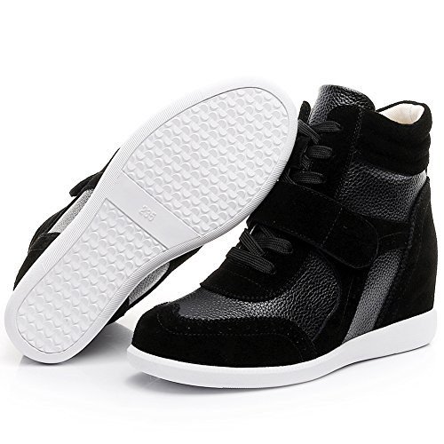 rismart Mujer Tacón De Cuña Velcro Brogue Casual Ante Zapatillas Zapatos SN8599(Negro,EU38.5)