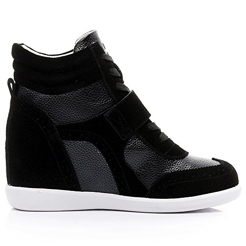 rismart Mujer Tacón De Cuña Velcro Brogue Casual Ante Zapatillas Zapatos SN8599(Negro,EU38.5)