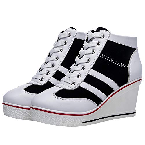 rismart Mujer Tenis de Lona con Tacon Cuña Zapatillas Sneakers Plataforma Alta Altos Zapatos SN02513(Blanco Negro,38 EU)