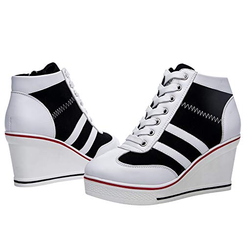 rismart Mujer Tenis de Lona con Tacon Cuña Zapatillas Sneakers Plataforma Alta Altos Zapatos SN02513(Blanco Negro,38 EU)