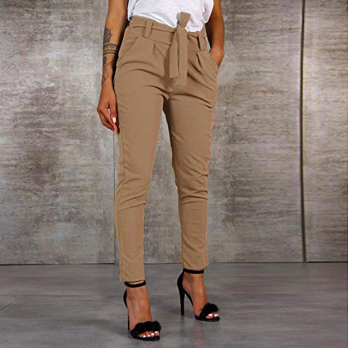 RISTHY Mujer Pantalones Largos Ajustados con Cinturón Pantalones Verano Mujeres Cintura Alta Pantalón de Oficina Color Sólido Casual Suave Cómodo