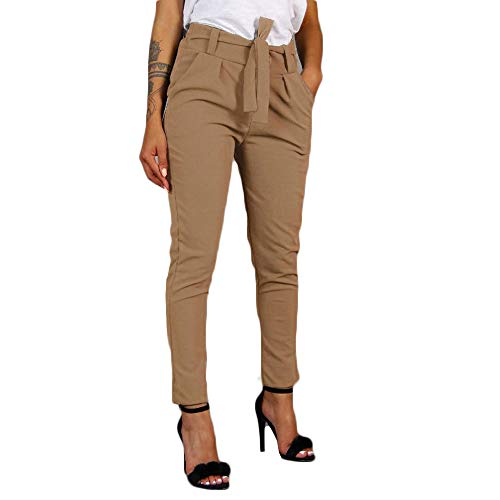RISTHY Mujer Pantalones Largos Ajustados con Cinturón Pantalones Verano Mujeres Cintura Alta Pantalón de Oficina Color Sólido Casual Suave Cómodo