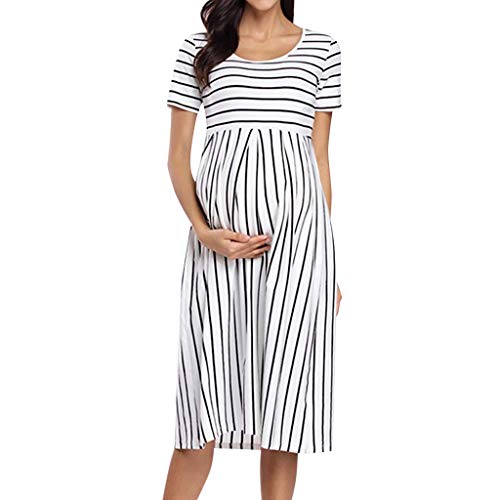 RISTHY Vestidos de Maternidad, Ropa Mujer Embarazada Vestidos de Premamá Mujer Midi Vestido de Lactancia Rayas Cuello Redondo Mangas Cortas Casual Verano