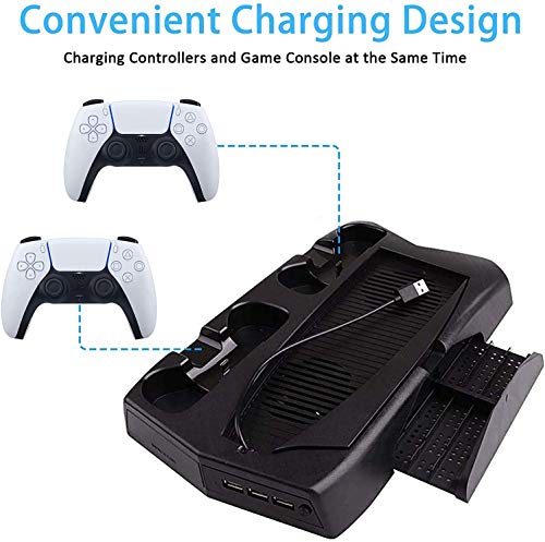 RIXOW Refrigeración para PS5, Soporte Vertical para Controlador para Sony Playstation 5, Estación de Carga con 2 Ventiladores, con 14 Bandejas de Almacenamiento de Discos de Juegos Retráctiles