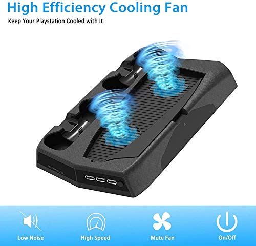 RIXOW Refrigeración para PS5, Soporte Vertical para Controlador para Sony Playstation 5, Estación de Carga con 2 Ventiladores, con 14 Bandejas de Almacenamiento de Discos de Juegos Retráctiles