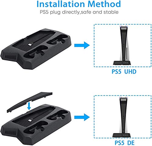 RIXOW Refrigeración para PS5, Soporte Vertical para Controlador para Sony Playstation 5, Estación de Carga con 2 Ventiladores, con 14 Bandejas de Almacenamiento de Discos de Juegos Retráctiles