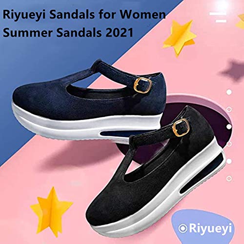 Riyueyi Sandalias de Verano para Mujer Sandalias de Verano Sandalias de Cuero Zapatos con Hebilla de Punta Cerrada Sandalias de Playa con tacón Vintage,Negro,38