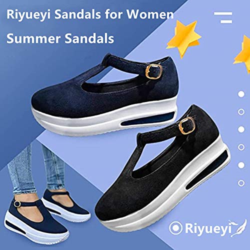 Riyueyi Sandalias de Verano para Mujer Sandalias de Verano Sandalias de Cuero Zapatos con Hebilla de Punta Cerrada Sandalias de Playa con tacón Vintage,Negro,38