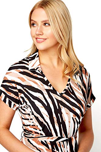 Roman Originals Vestido midi con cuello con estampado de animales, para mujer, informal, inteligente, ropa de trabajo, diario, oficina, entrevista, fin de semana, manga corta, cuello en V