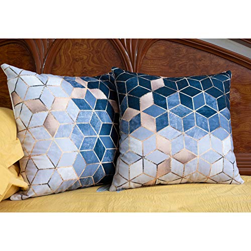 Ruberg Juego 2 Fundas de Cojines de Terciopelo 45x45cm, Funda Almohada Sin Relleno, con Cremallera Oculta, para Coche Salón Dormitorio Oficina Decoración,Triángulo Azul Rosa