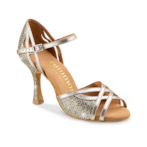Rummos Mujeres Zapatos de Baile Claire GT8-147 - Material: GlitterLux/Cuero - Color: Platino - Anchura: Normal - Tacón: 70R Flare - Talla: EUR 37