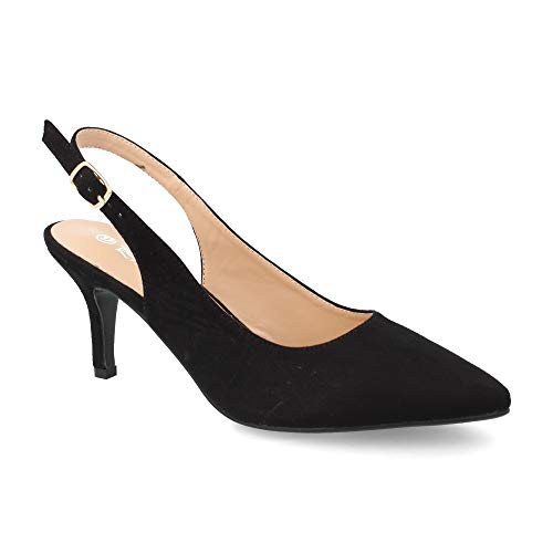 Salon Mujer de Vestir con Punta Fina, Tacon Aguja y Correa Ajustable Trasera Estilo Slingback Primavera Verano Talla 39 Negro