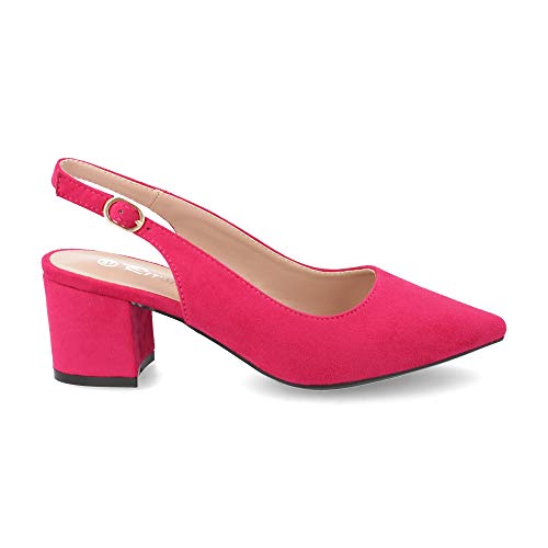 Salon Mujer de Vestir con Punta Fina y Tacon Ancho con Correa Ajustable Trasera Estilo Slingback Hecho en Velour Primavera Verano 2019. Talla 38 Fucsia
